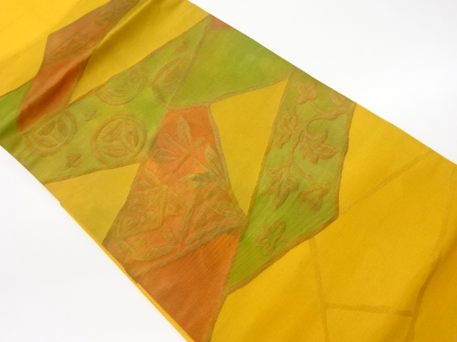 リサイクル　ふくれ織花菱・唐草・抽象草花模様織出し名古屋帯